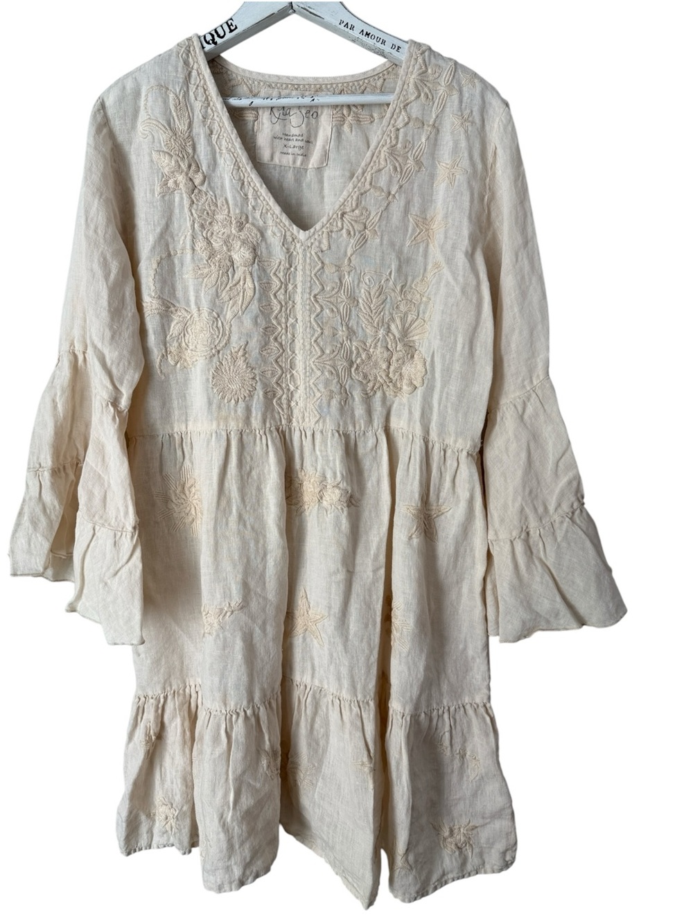 Kyla Seo Embroidered 100% Linen Tiered Bell Sleeve Dress Size XL